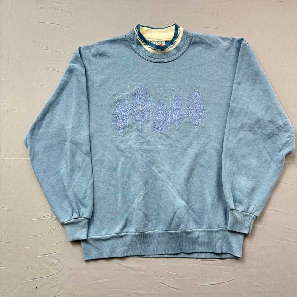 Vintage Morning Sun Blue Winter Trees Puff Print Sweatshirt Mock Neck USA Made